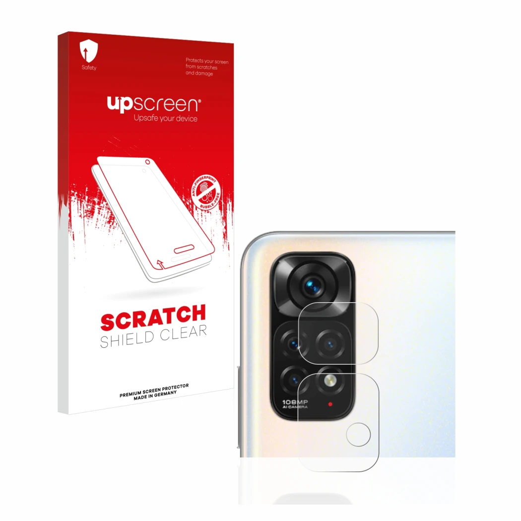 Face avant d’un emballage produit avec le logo de la marque upscreen. À côté, l’appareil Xiaomi Redmi Note 11S (Caméra UNIQUEM