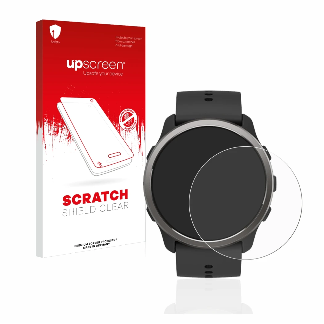 Face avant d’un emballage produit avec le logo de la marque upscreen. À côté, l’appareil Suunto 5 Peak est représenté avec la