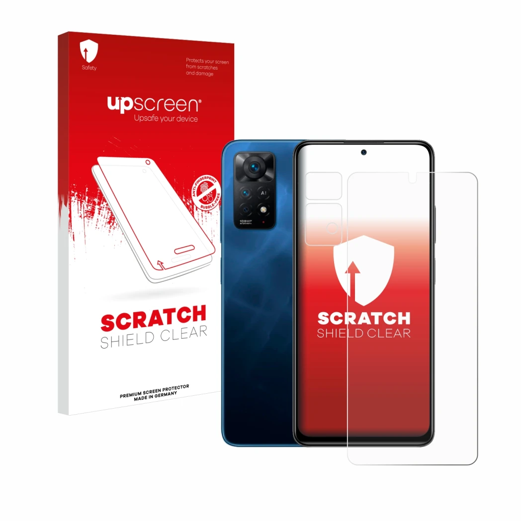 Face avant d’un emballage produit avec le logo de la marque upscreen. À côté, l’appareil Xiaomi Redmi Note 11 Pro 5G (Avant+Ca