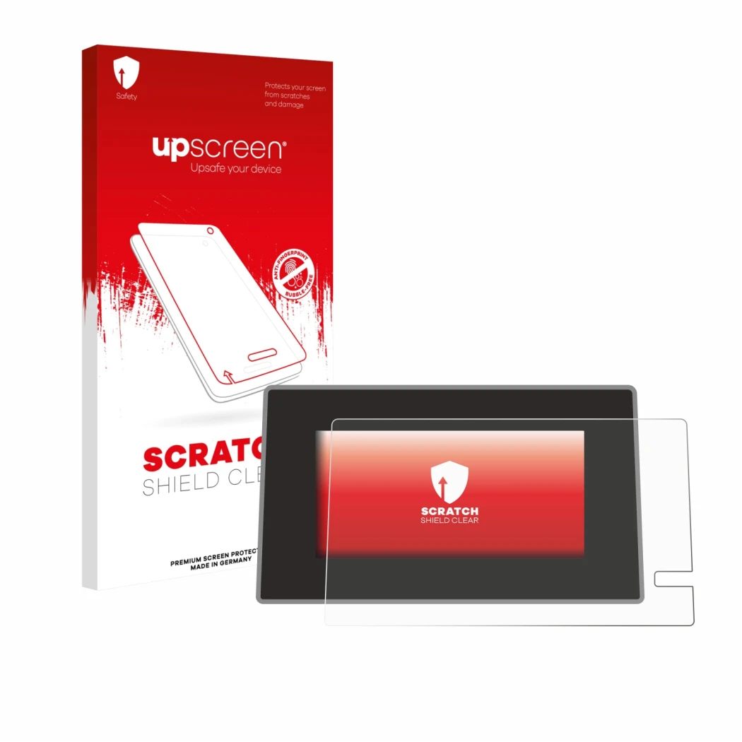 Face avant d’un emballage produit avec le logo de la marque upscreen. À côté, l’appareil Renault Trafic 2021 Easy Link 8