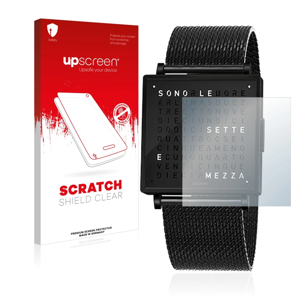 Face avant d’un emballage produit avec le logo de la marque upscreen. À côté, l’appareil Qlocktwo W35 est représenté avec la p