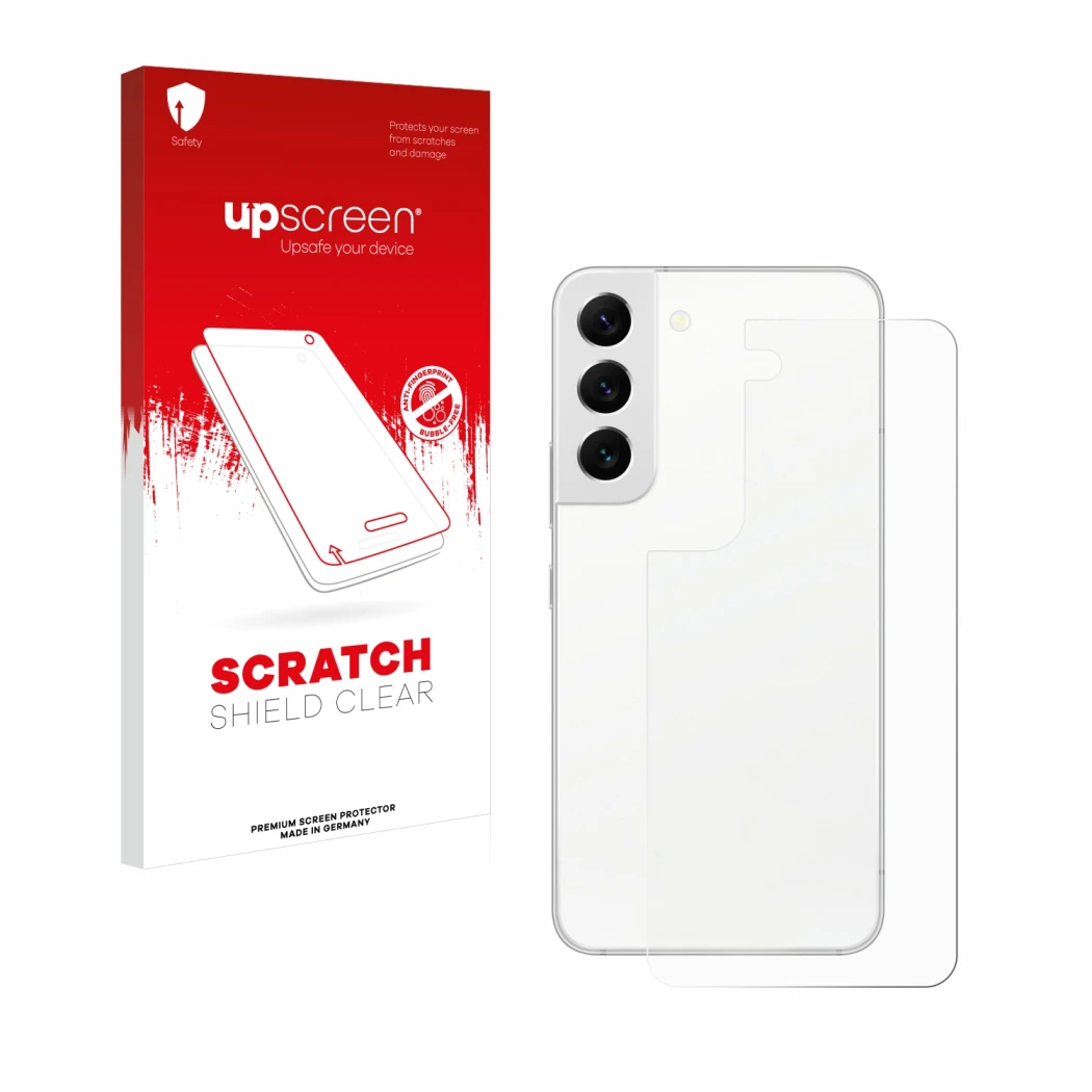 Face avant d’un emballage produit avec le logo de la marque upscreen. À côté, l’appareil Samsung Galaxy S22 5G (Arrière) est r