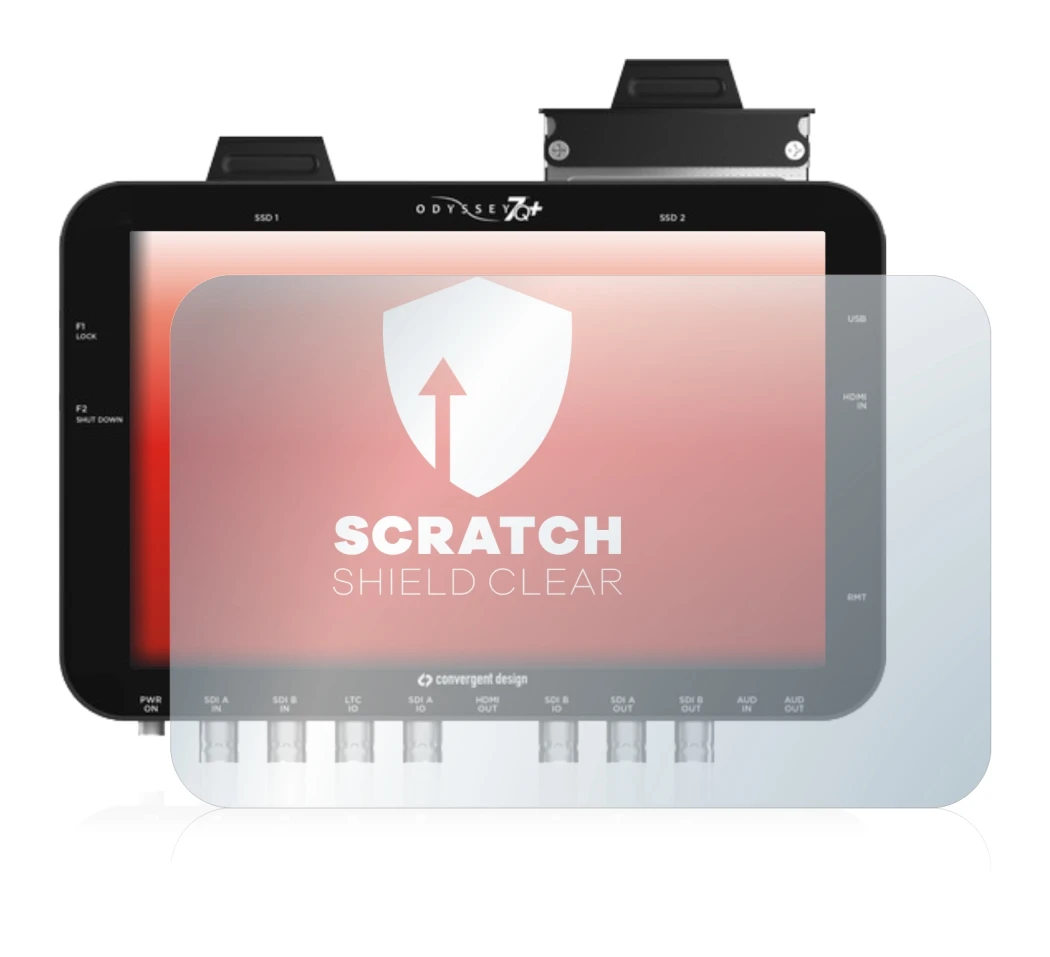 Image de l'appareil Convergent Design Odyssey 7Q+ avec une grande variété de protections d'écran.