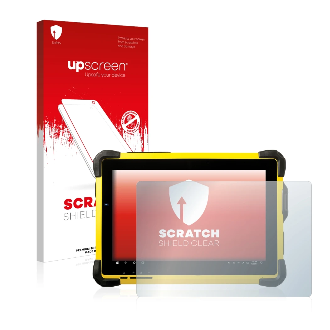 Face avant d’un emballage produit avec le logo de la marque upscreen. À côté, l’appareil Trimble T10 est représenté avec la pr