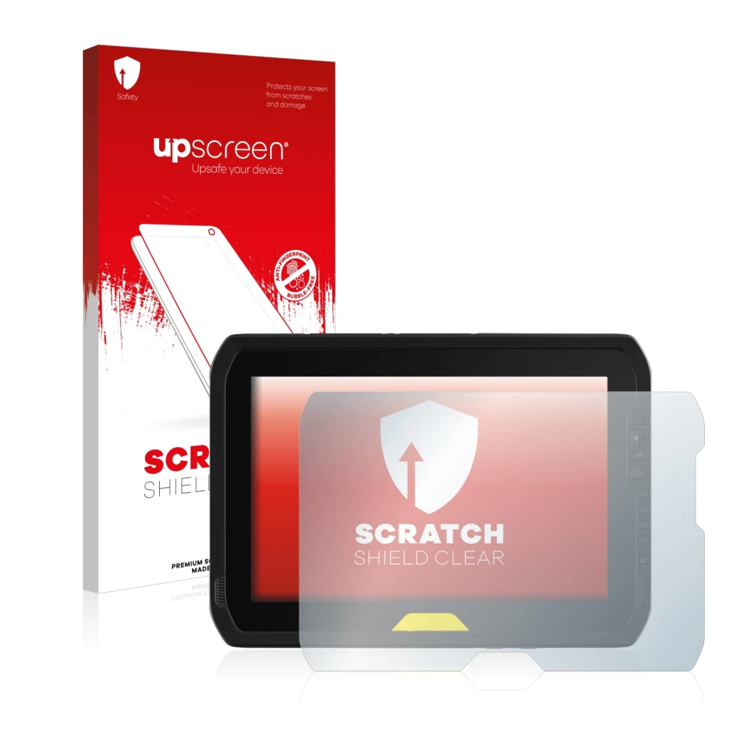Face avant d’un emballage produit avec le logo de la marque upscreen. À côté, l’appareil Trimble T100 est représenté avec la p