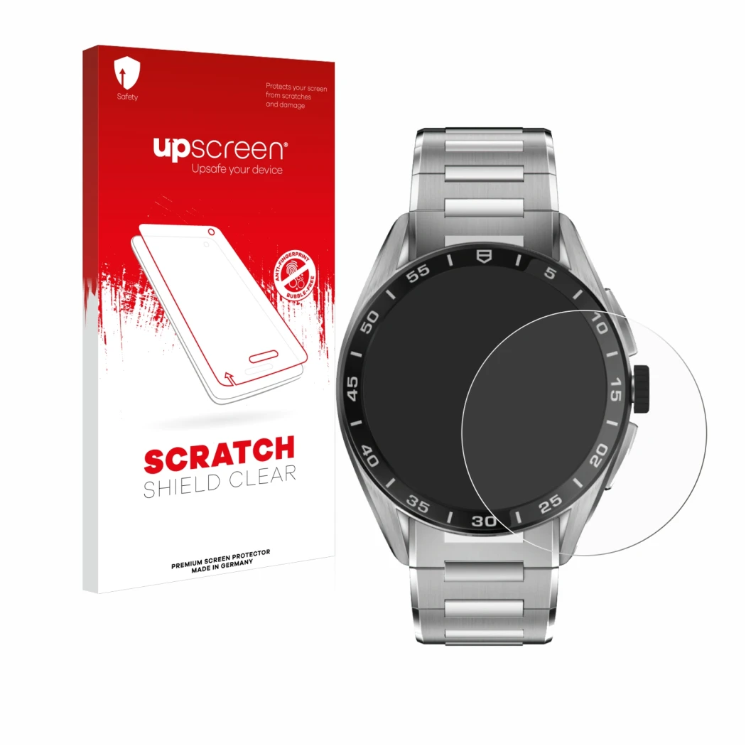 Face avant d’un emballage produit avec le logo de la marque upscreen. À côté, l’appareil TAG Heuer Connected Calibre E4 (45 mm