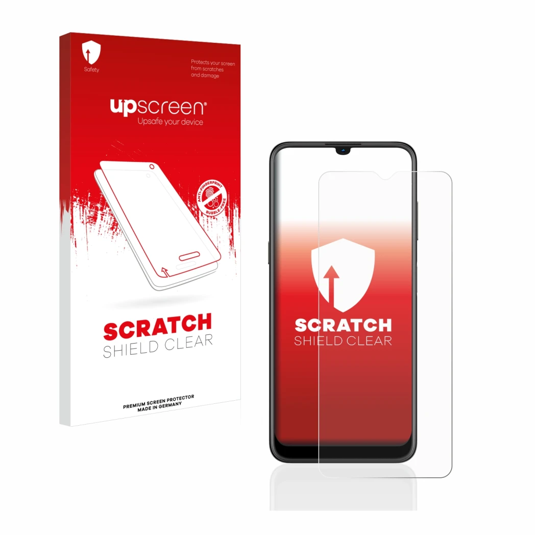 Face avant d’un emballage produit avec le logo de la marque upscreen. À côté, l’appareil Nokia G21 est représenté avec la prot