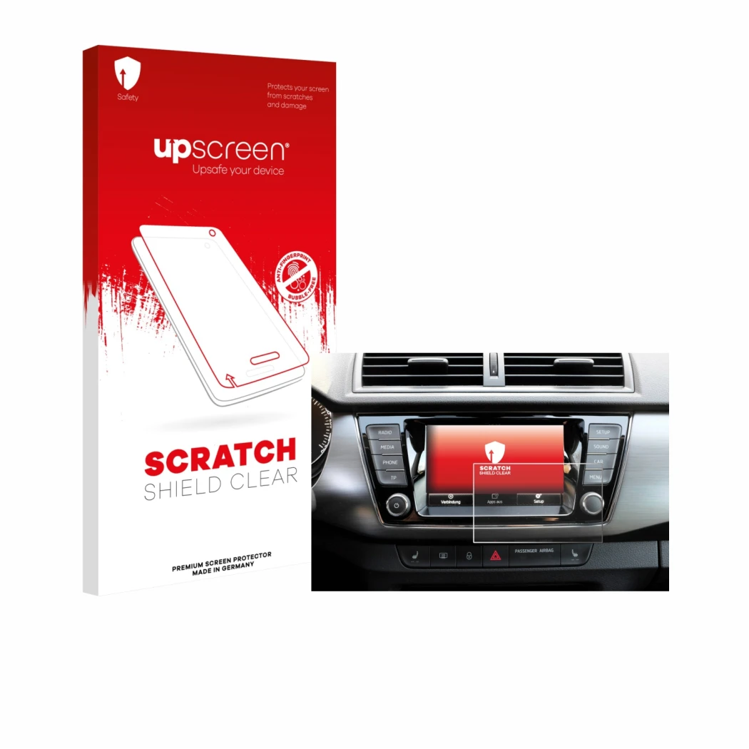 Face avant d’un emballage produit avec le logo de la marque upscreen. À côté, l’appareil Skoda Fabia 3 Combi 6.5