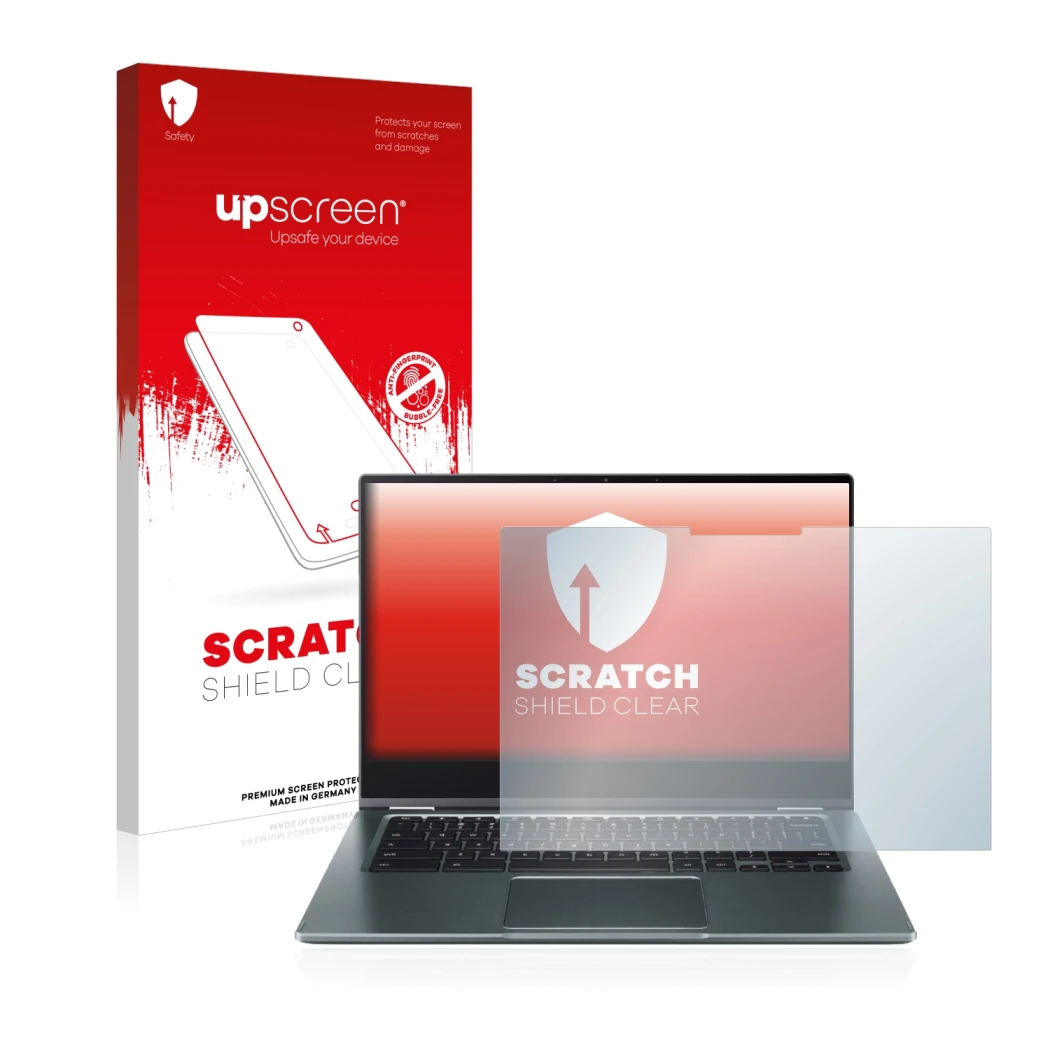 Face avant d’un emballage produit avec le logo de la marque upscreen. À côté, l’appareil Acer Chromebook Spin 514 est représen