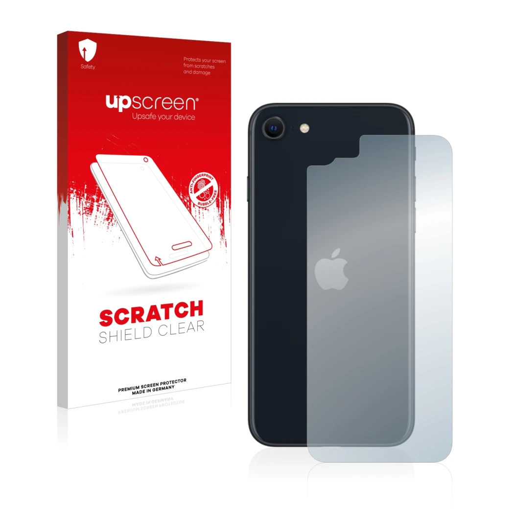 Face avant d’un emballage produit avec le logo de la marque upscreen. À côté, l’appareil Apple iPhone SE 3 2022 (Arrière) est
