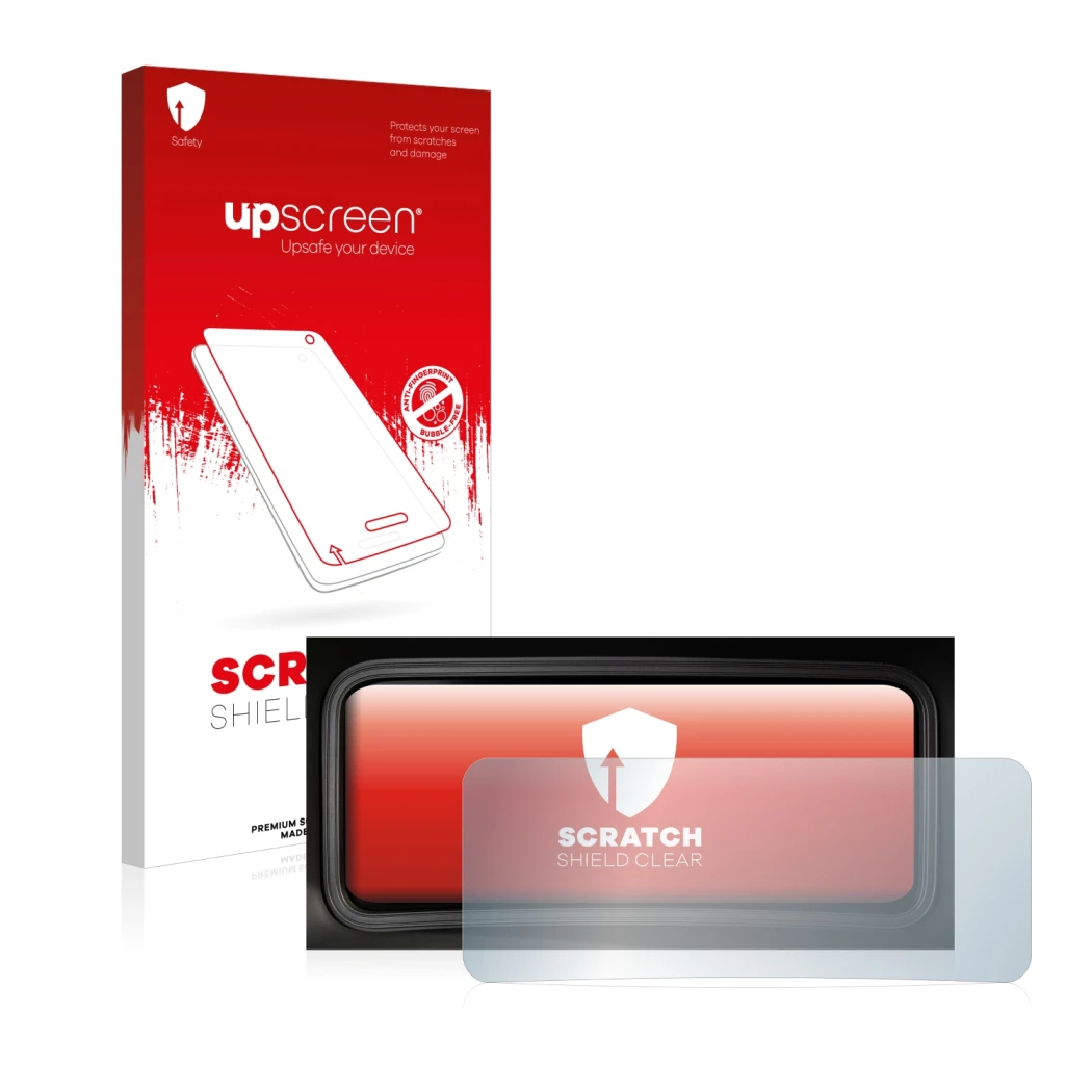 Face avant d’un emballage produit avec le logo de la marque upscreen. À côté, l’appareil Hyundai Kona 2022 Affichage de la vit