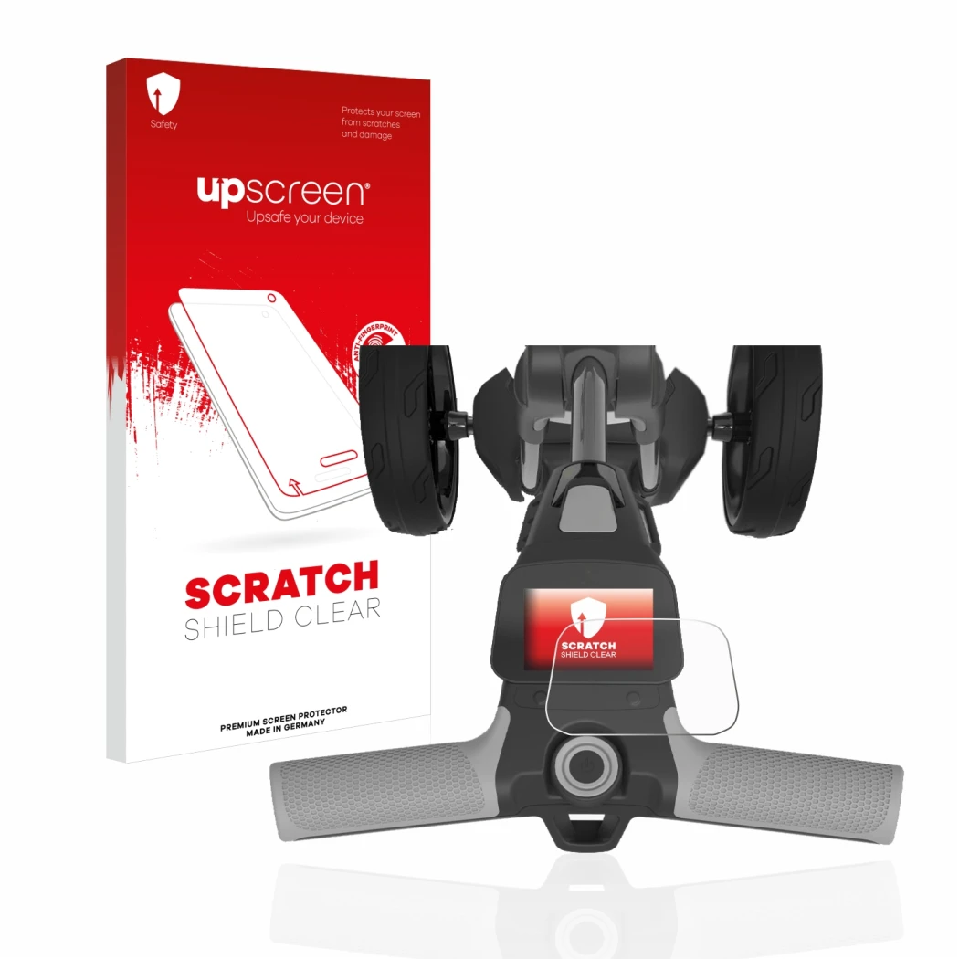 Face avant d’un emballage produit avec le logo de la marque upscreen. À côté, l’appareil PowaKaddy FX5 2.8