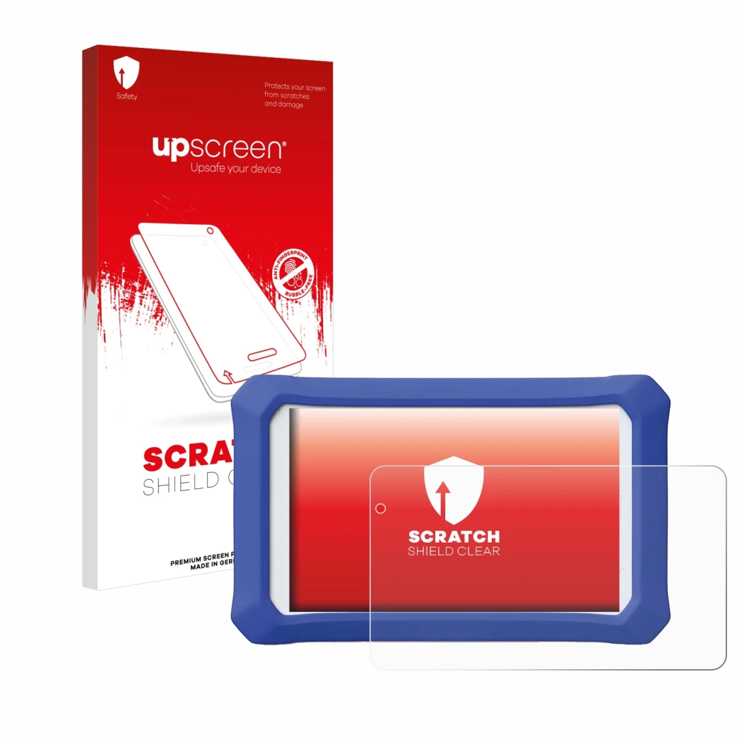 Face avant d’un emballage produit avec le logo de la marque upscreen. À côté, l’appareil Clementoni Clempad X Revolution est r