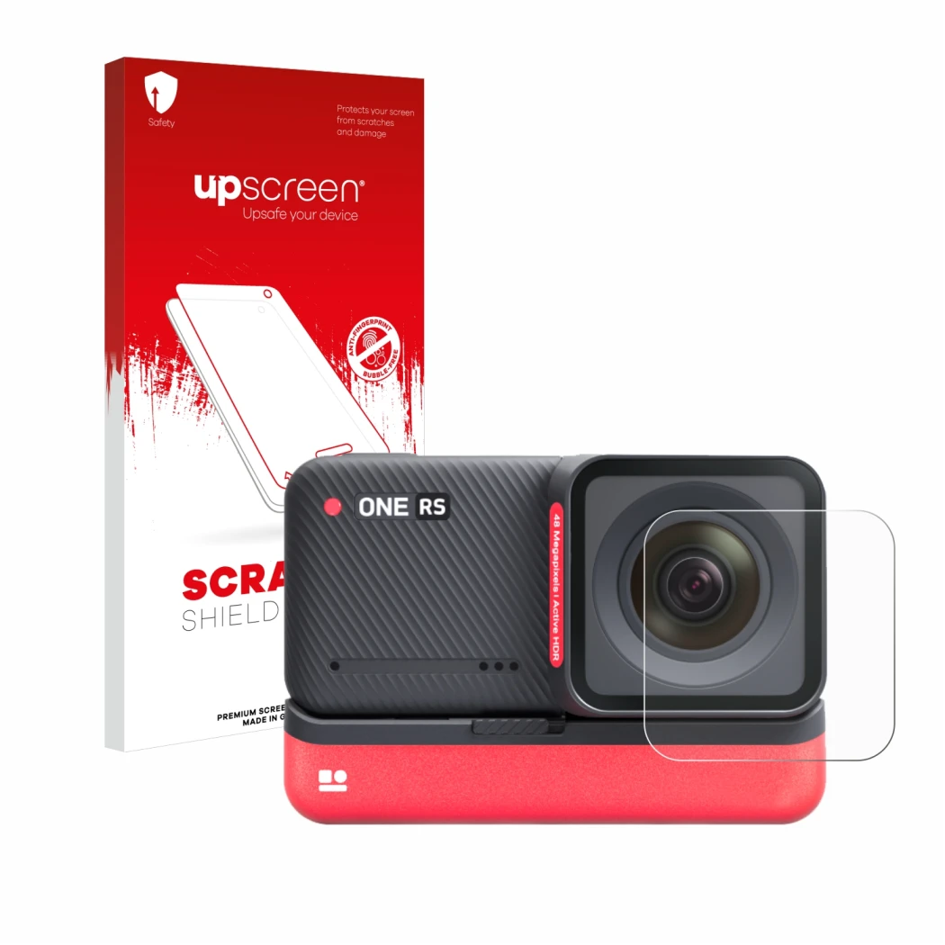 Face avant d’un emballage produit avec le logo de la marque upscreen. À côté, l’appareil Insta360 One RS 4K Edition (Lentille)