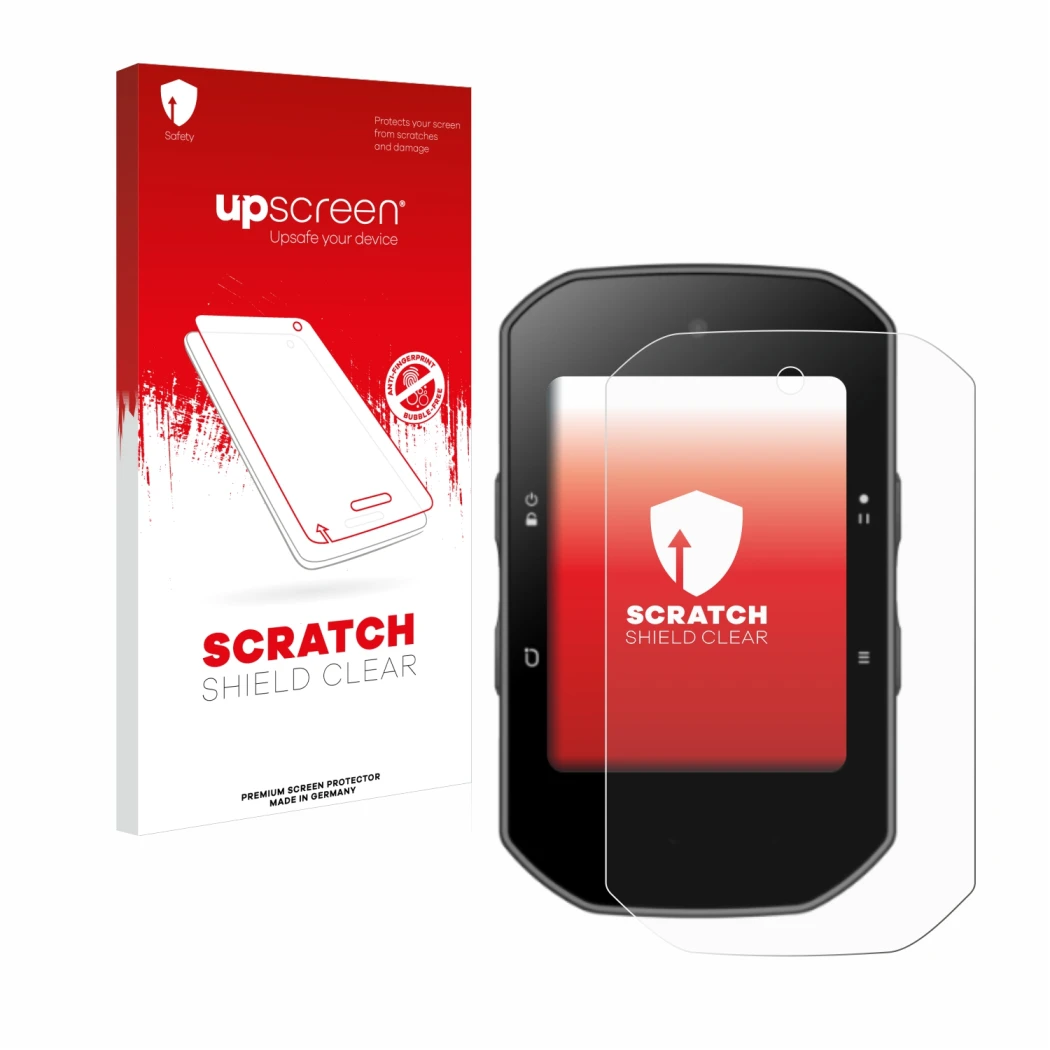 Face avant d’un emballage produit avec le logo de la marque upscreen. À côté, l’appareil Bryton Rider S500 est représenté avec