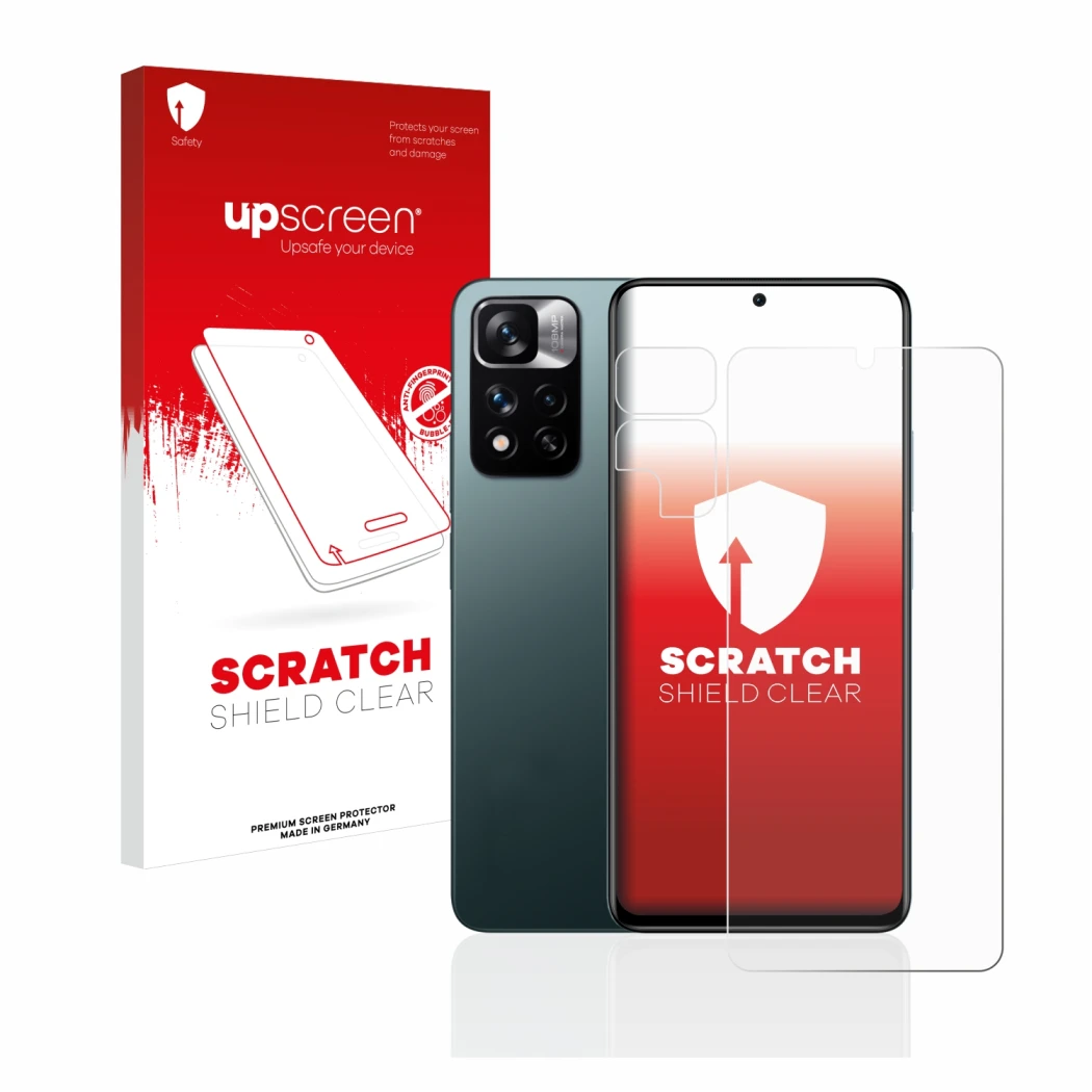 Face avant d’un emballage produit avec le logo de la marque upscreen. À côté, l’appareil Xiaomi Redmi Note 11 Pro+ 5G (Avant+C