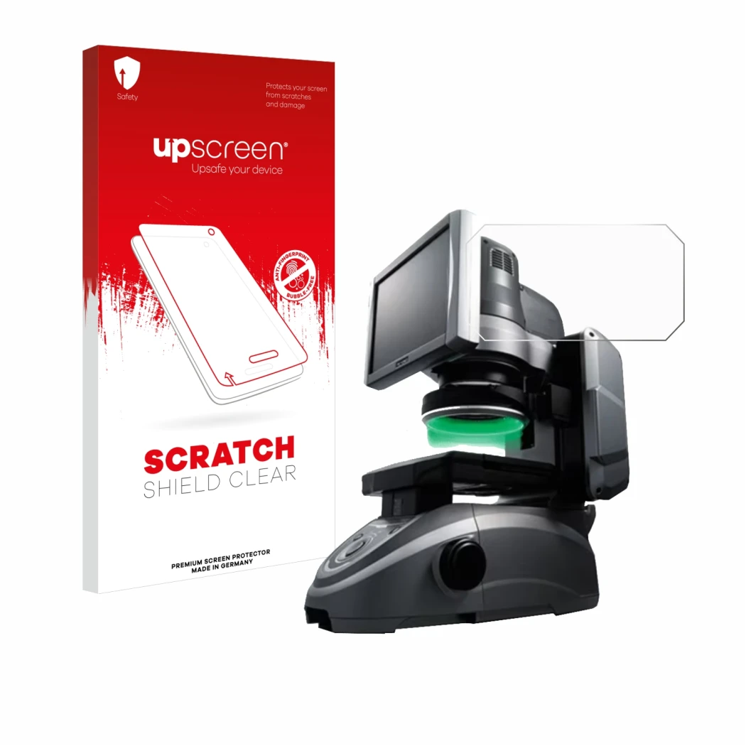 Face avant d’un emballage produit avec le logo de la marque upscreen. À côté, l’appareil Keyence IM-6125 Dessus en verre est r