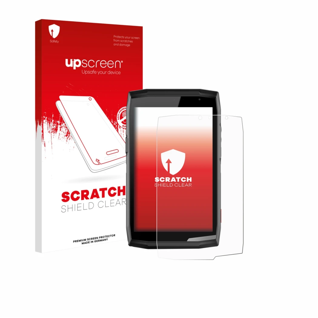 Face avant d’un emballage produit avec le logo de la marque upscreen. À côté, l’appareil Crosscall Core T5 est représenté avec