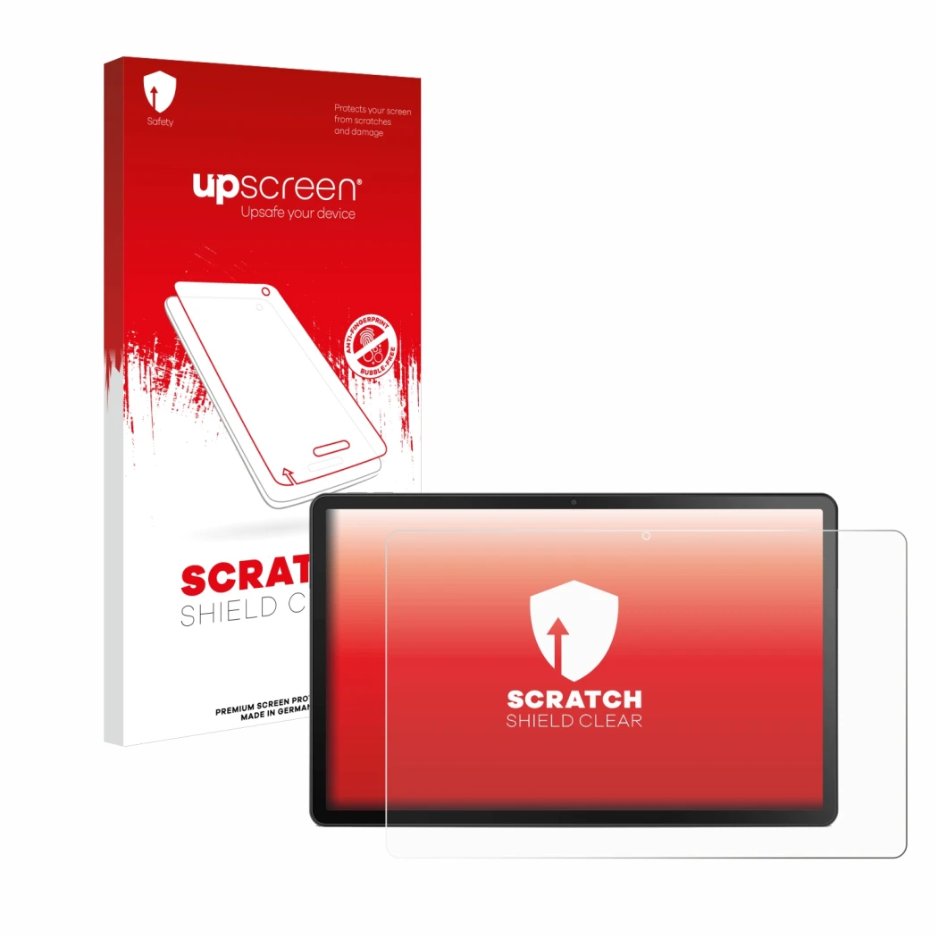 Face avant d’un emballage produit avec le logo de la marque upscreen. À côté, l’appareil Lenovo Tab M10 Plus (3ème Gen.) est r