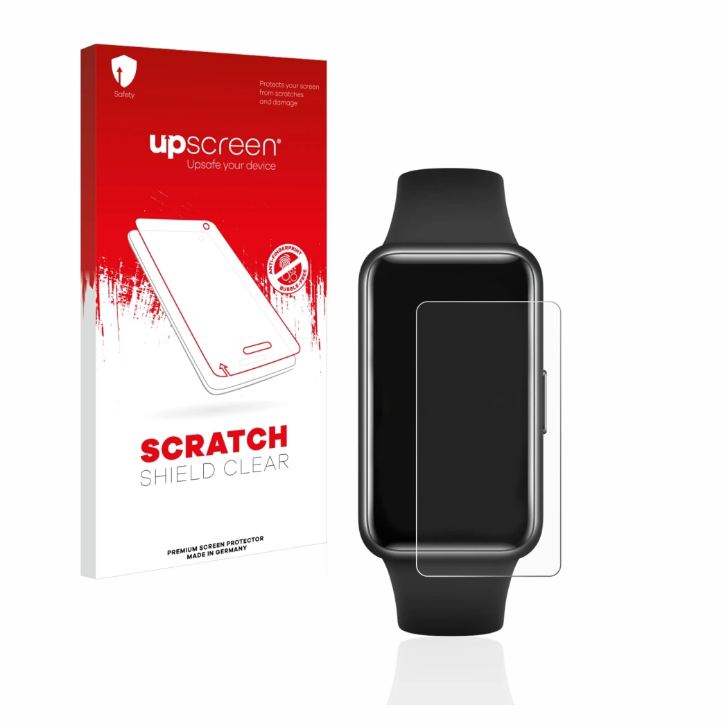 Face avant d’un emballage produit avec le logo de la marque upscreen. À côté, l’appareil Huawei Band 7 est représenté avec la