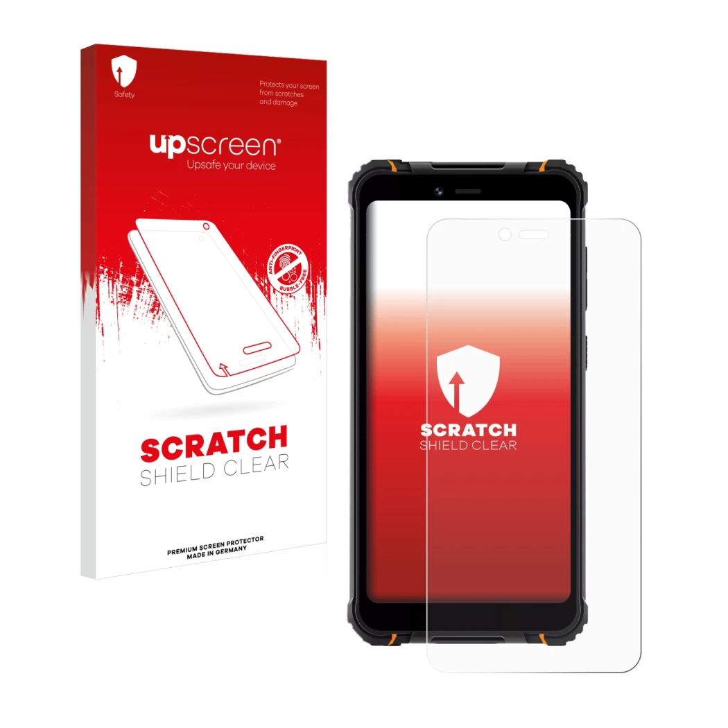 Face avant d’un emballage produit avec le logo de la marque upscreen. À côté, l’appareil Hotwav T5 Pro est représenté avec la