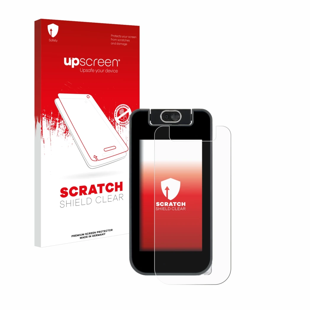 Face avant d’un emballage produit avec le logo de la marque upscreen. À côté, l’appareil Vtech KidiBuzz 3 est représenté avec 