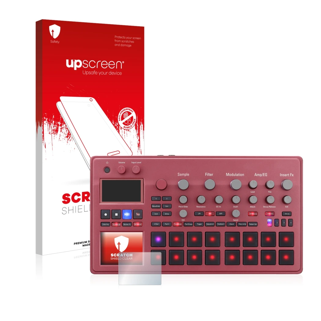 Face avant d’un emballage produit avec le logo de la marque upscreen. À côté, l’appareil KORG electribe Sampler est représenté