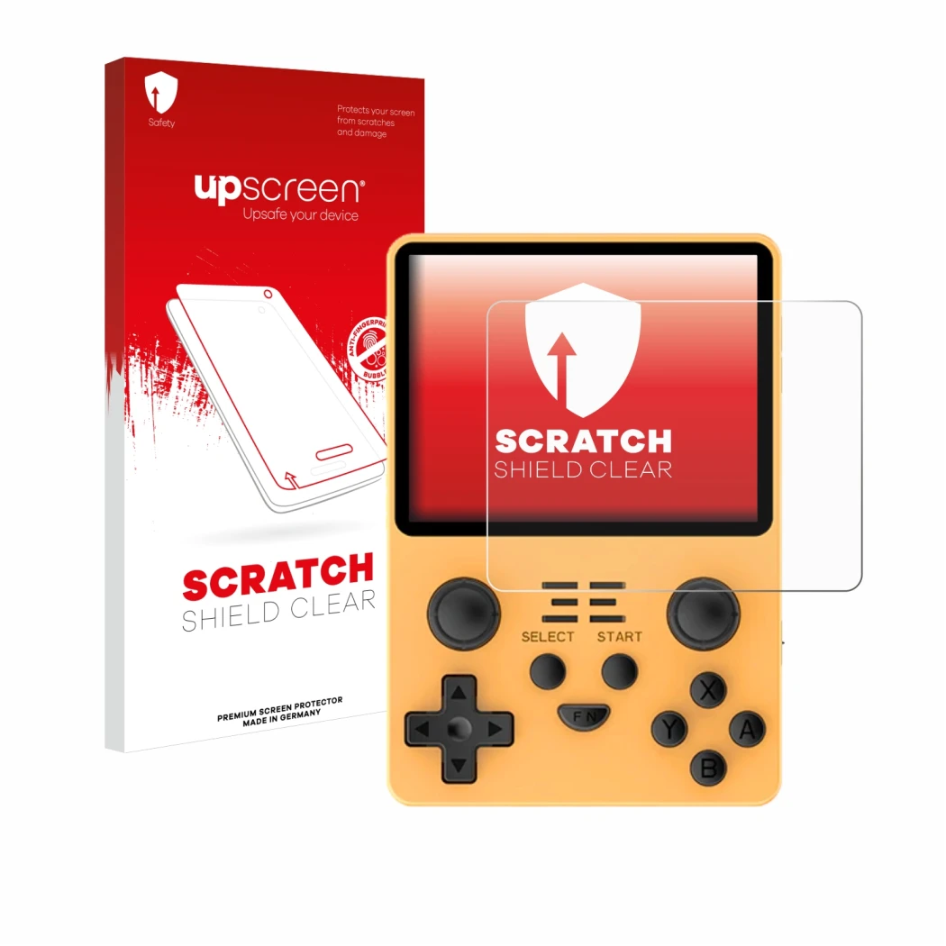 Face avant d’un emballage produit avec le logo de la marque upscreen. À côté, l’appareil Powkiddy RGB20S est représenté avec l
