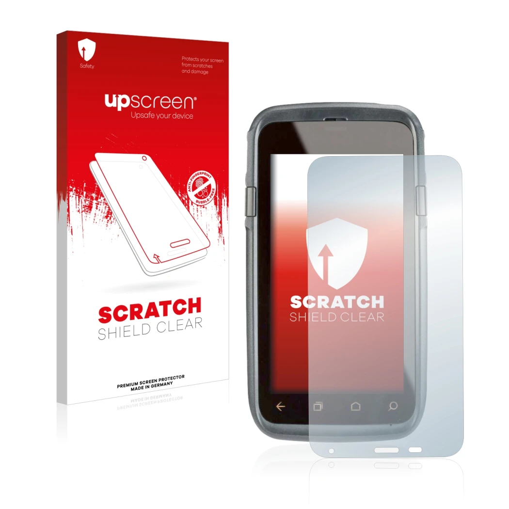 Face avant d’un emballage produit avec le logo de la marque upscreen. À côté, l’appareil Honeywell Dolphin CT60 XP est représe