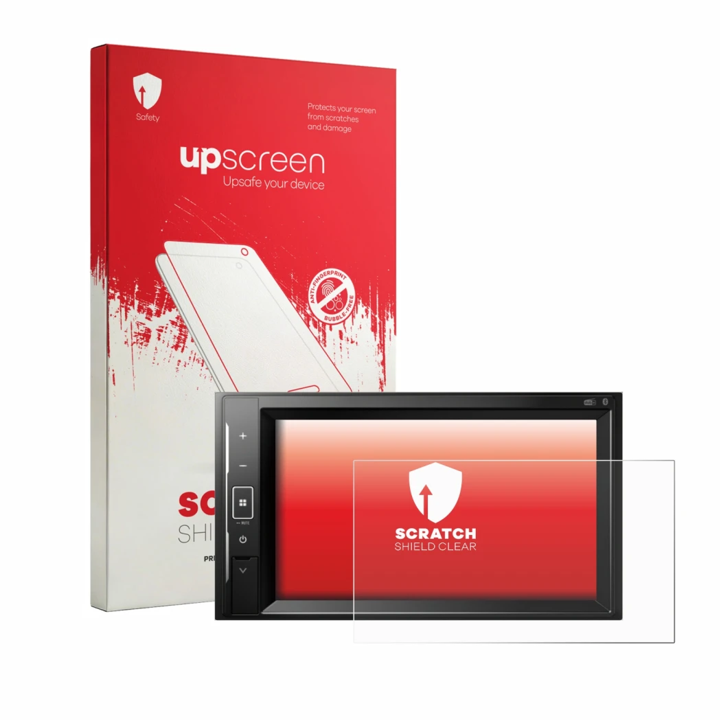 Face avant d’un emballage produit avec le logo de la marque upscreen. À côté, l’appareil Pioneer AVH-A240DAB est représenté av