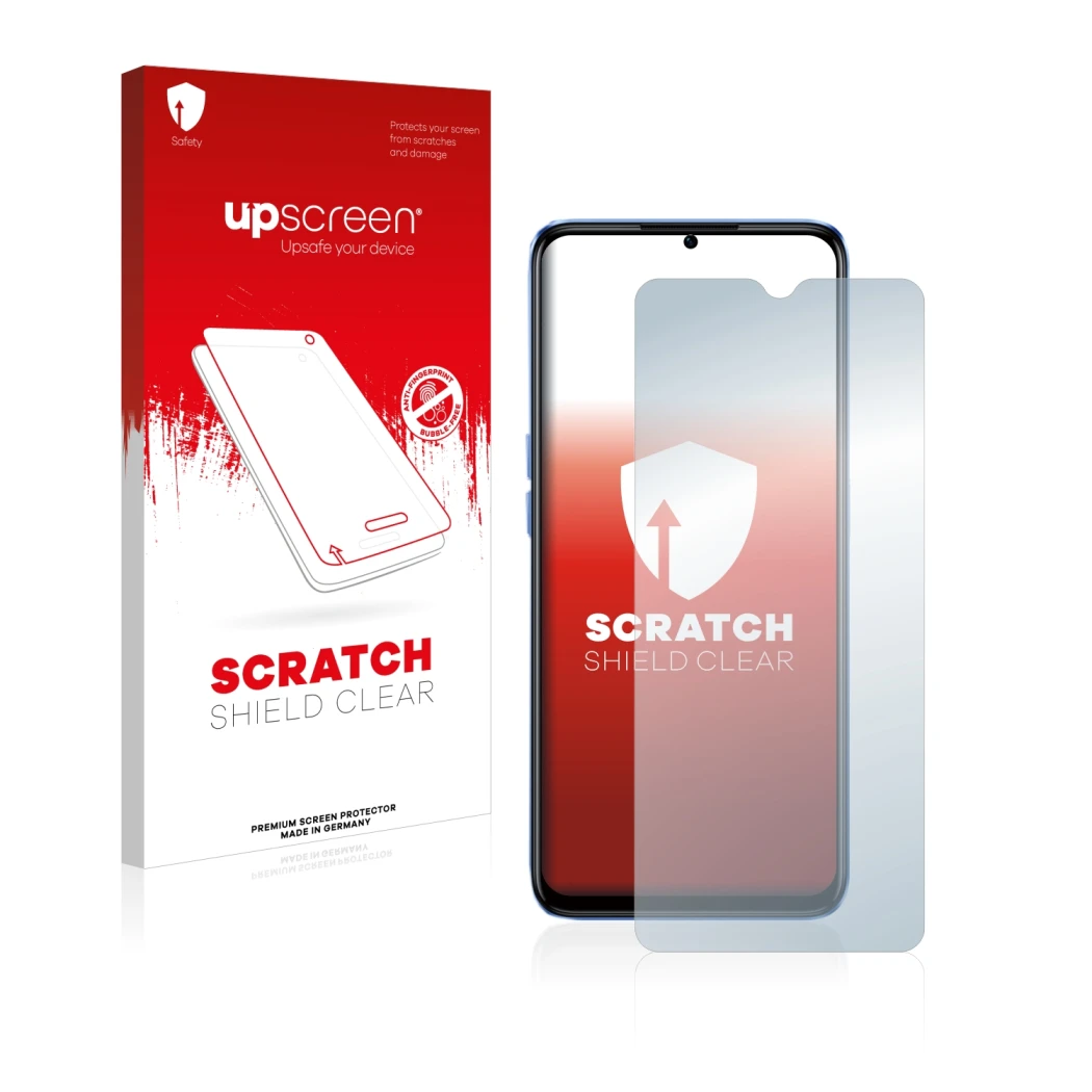 Face avant d’un emballage produit avec le logo de la marque upscreen. À côté, l’appareil realme Narzo 50 5G est représenté ave