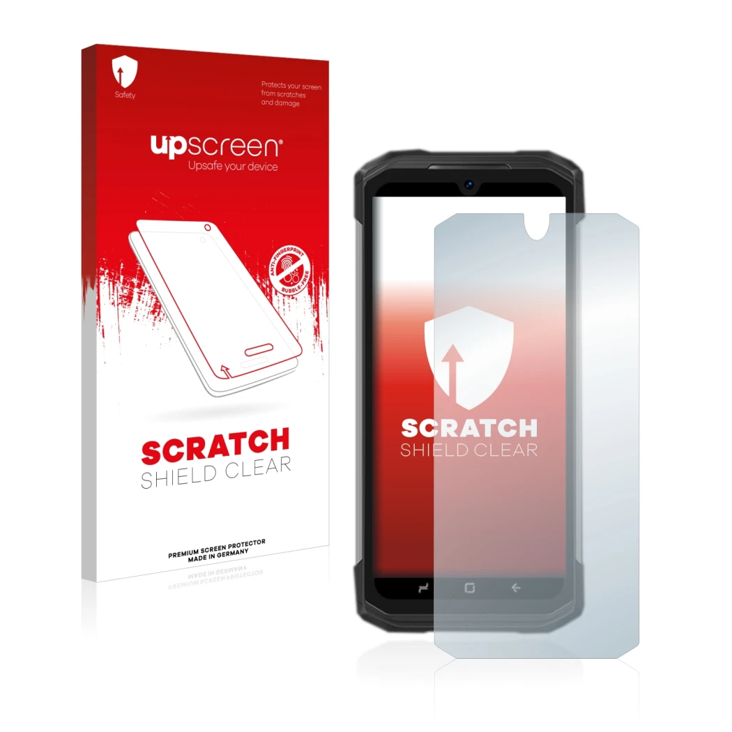 Face avant d’un emballage produit avec le logo de la marque upscreen. À côté, l’appareil Doogee S98 Pro est représenté avec la