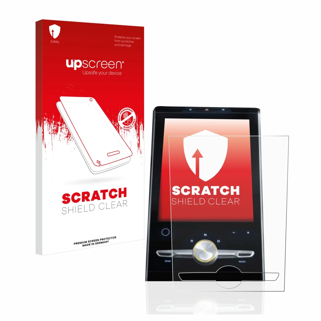 Face avant d’un emballage produit avec le logo de la marque upscreen. À côté, l’appareil MG Marvel R 2021 Infotainment System