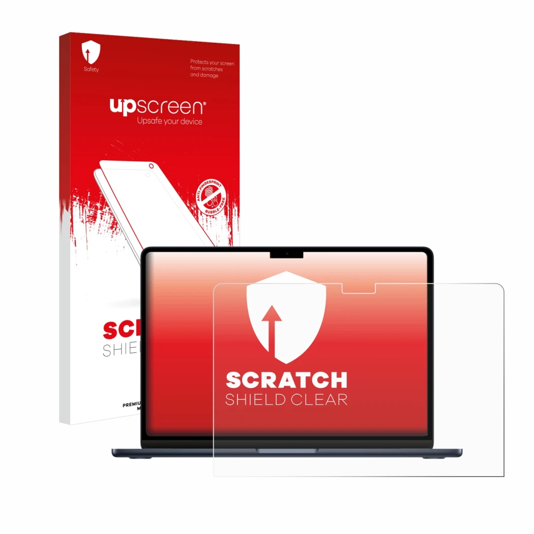 Face avant d’un emballage produit avec le logo de la marque upscreen. À côté, l’appareil Apple MacBook Air 13
