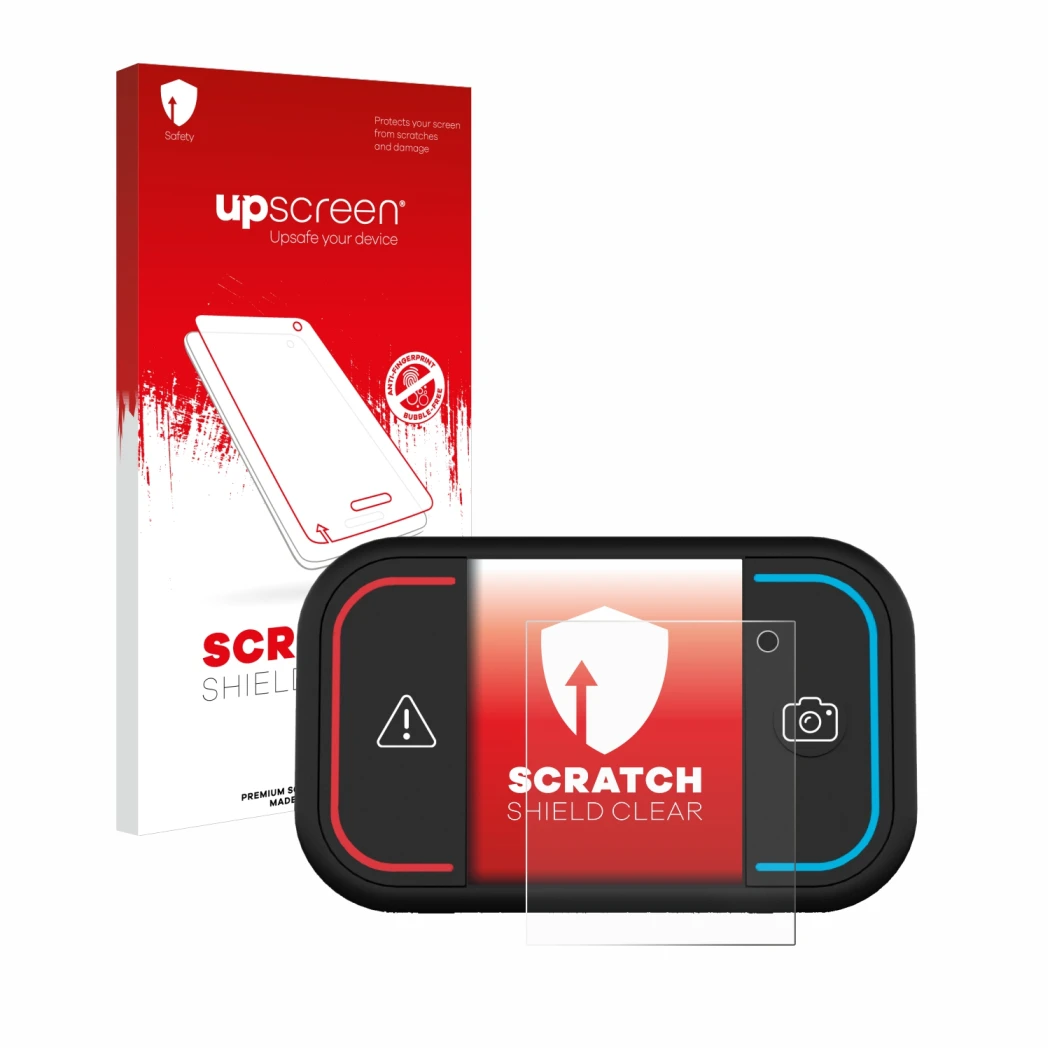 Face avant d’un emballage produit avec le logo de la marque upscreen. À côté, l’appareil Saphe Drive Mini est représenté avec 
