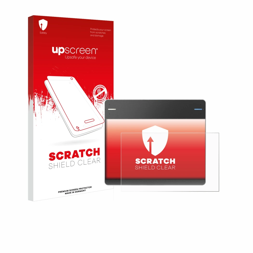 Face avant d’un emballage produit avec le logo de la marque upscreen. À côté, l’appareil Wacom Intuos CTH-480 est représenté a