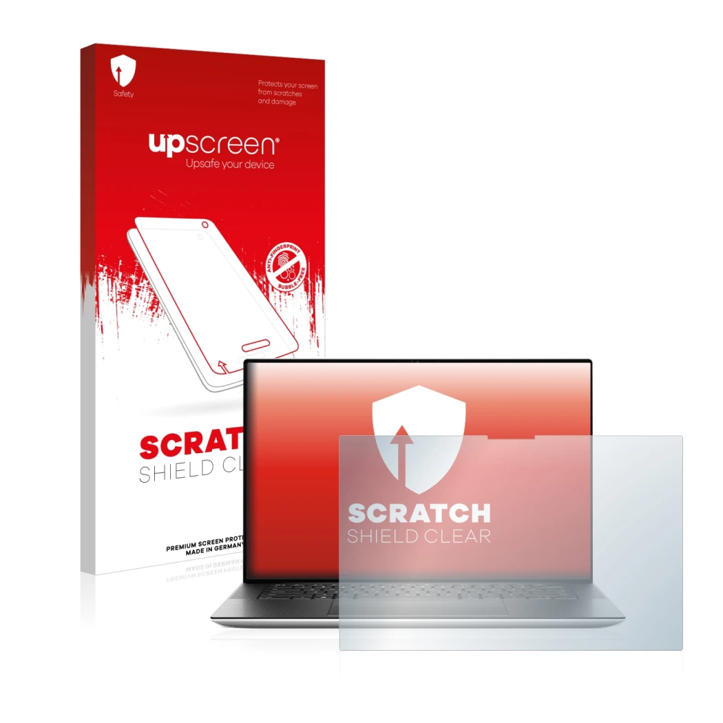 Face avant d’un emballage produit avec le logo de la marque upscreen. À côté, l’appareil Dell XPS 15 9510 Touch est représenté