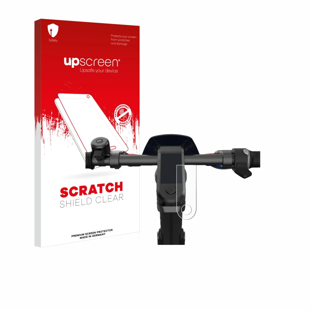 Face avant d’un emballage produit avec le logo de la marque upscreen. À côté, l’appareil NIU KQi3 Pro est représenté avec la p