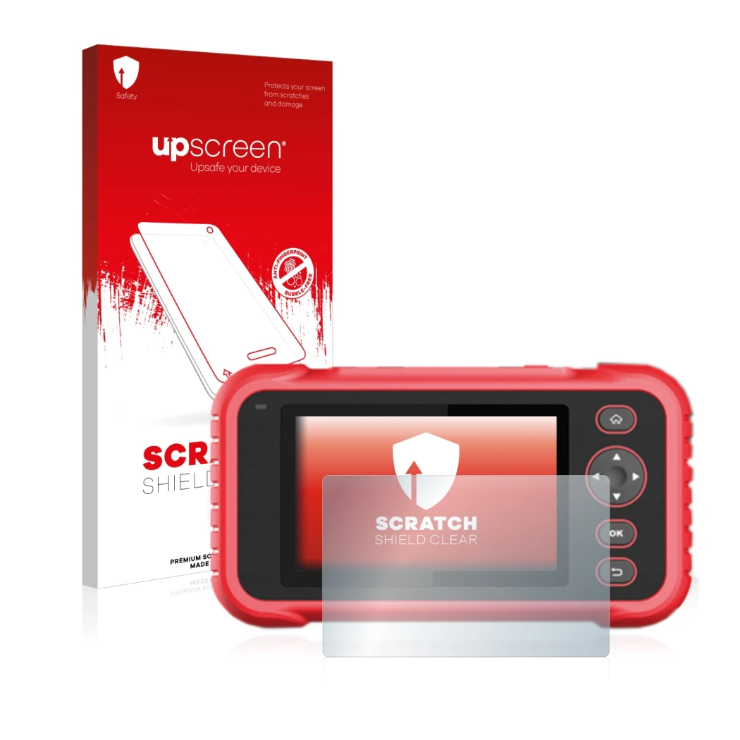 Face avant d’un emballage produit avec le logo de la marque upscreen. À côté, l’appareil Launch CRP 123 / 129 EVO est représen
