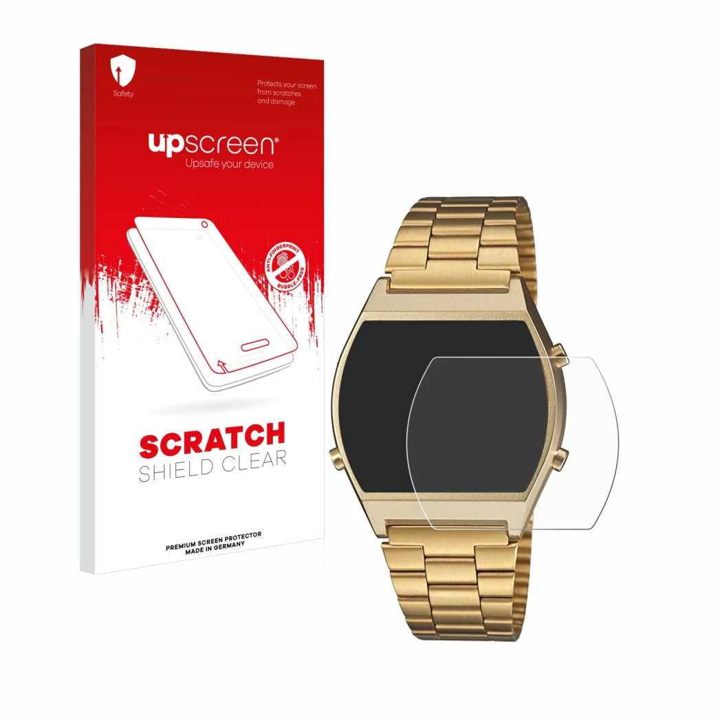 Face avant d’un emballage produit avec le logo de la marque upscreen. À côté, l’appareil Casio Retro B640WB est représenté ave