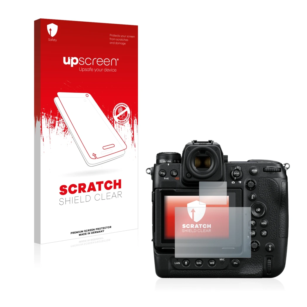 Face avant d’un emballage produit avec le logo de la marque upscreen. À côté, l’appareil Nikon Z 9 (Affichage + affichage des