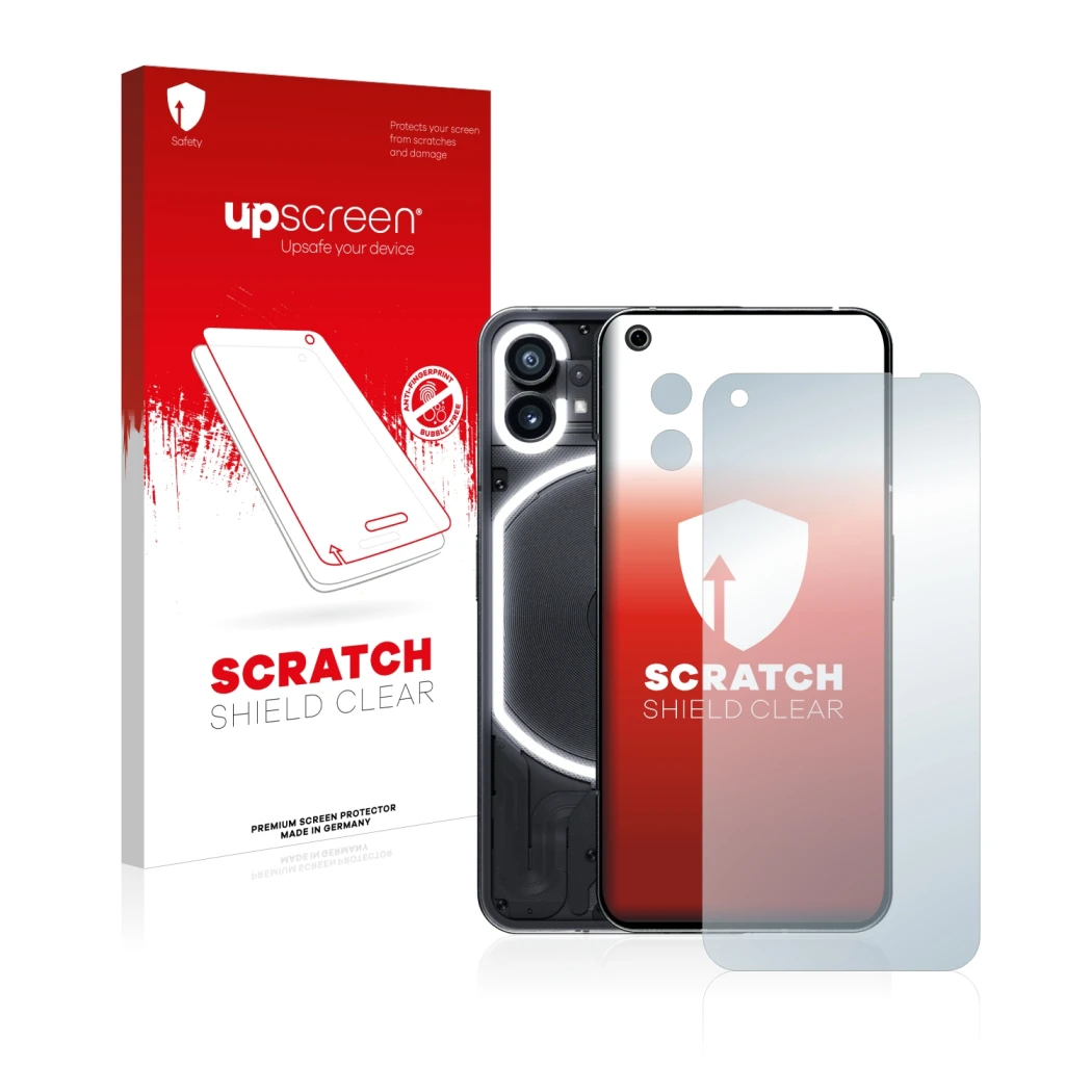 Face avant d’un emballage produit avec le logo de la marque upscreen. À côté, l’appareil Nothing Phone (1) (Avant+Caméra) est 