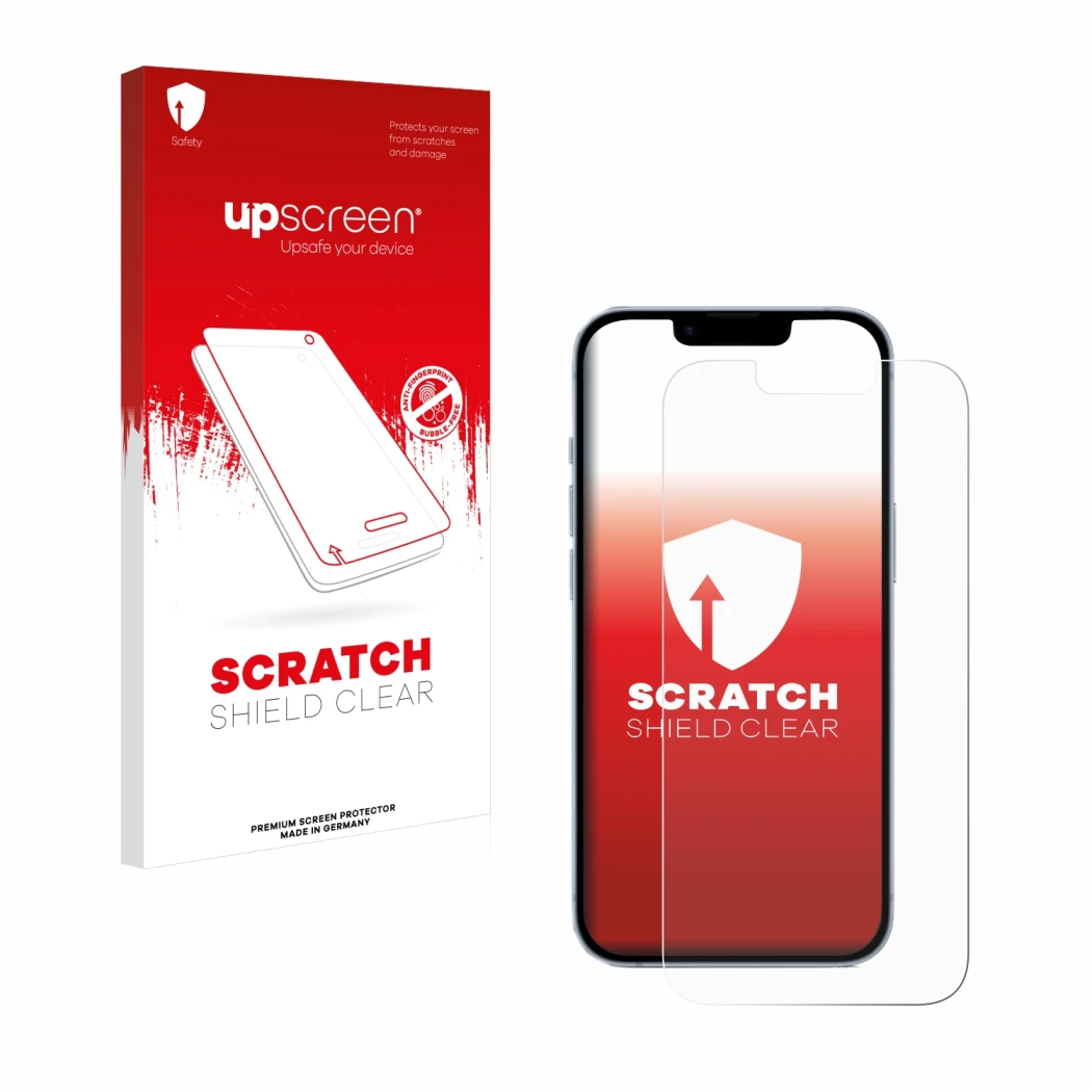 Face avant d’un emballage produit avec le logo de la marque upscreen. À côté, l’appareil Apple iPhone 14 est représenté avec l