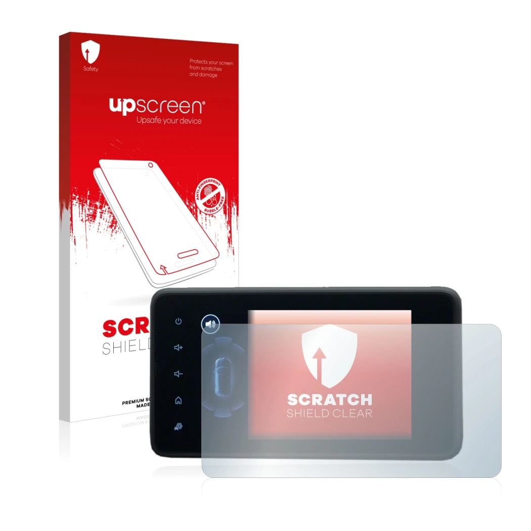 Face avant d’un emballage produit avec le logo de la marque upscreen. À côté, l’appareil Dacia Jogger 2022 Media Display 8