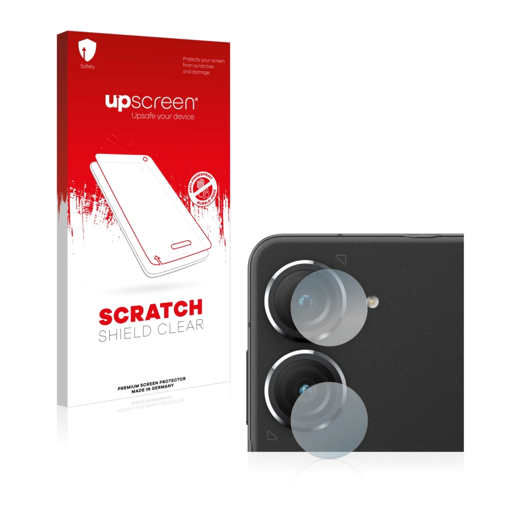 Face avant d’un emballage produit avec le logo de la marque upscreen. À côté, l’appareil ASUS ZenFone 9 (Caméra UNIQUEMENT) es