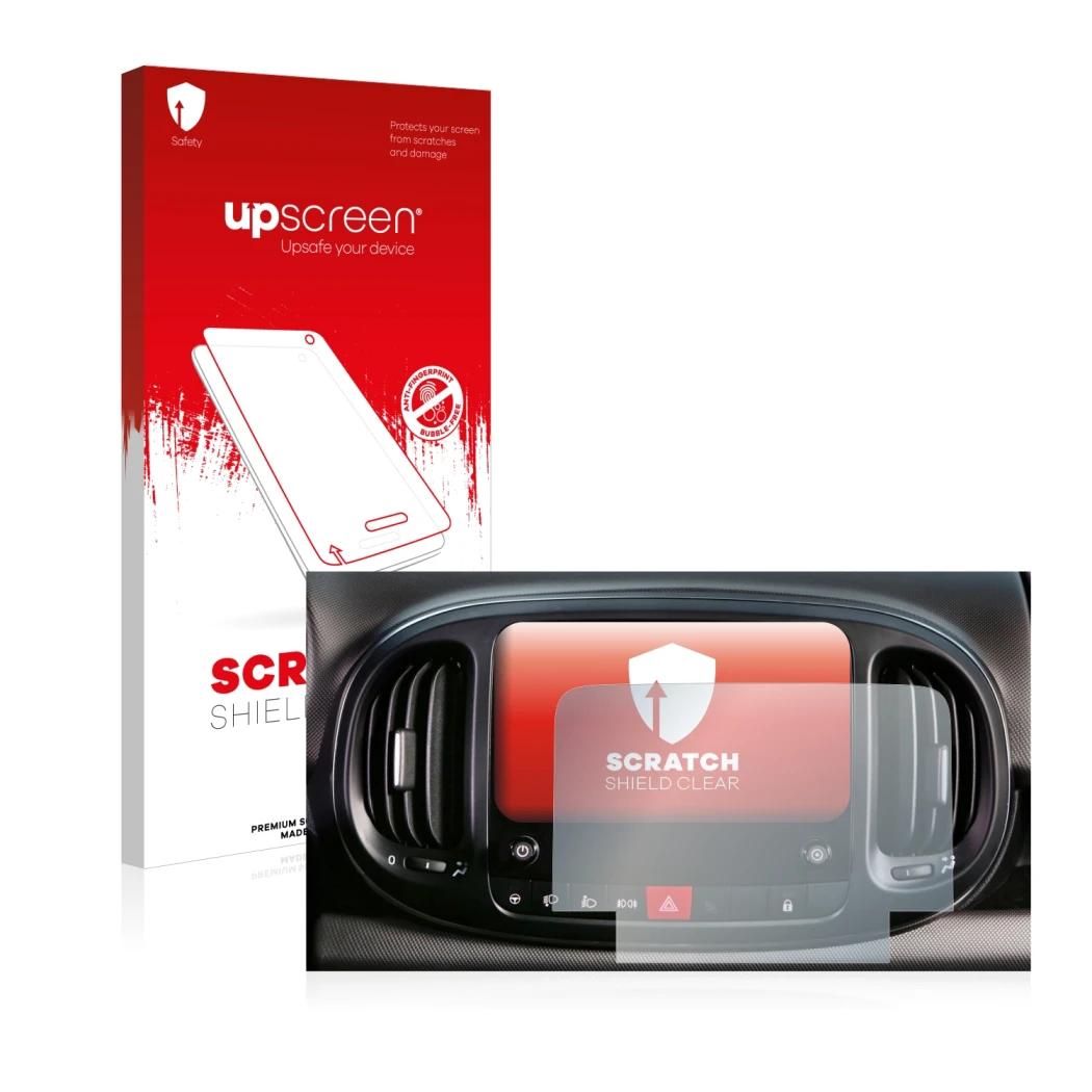 Face avant d’un emballage produit avec le logo de la marque upscreen. À côté, l’appareil Fiat 500L 2022 Uconnect 7