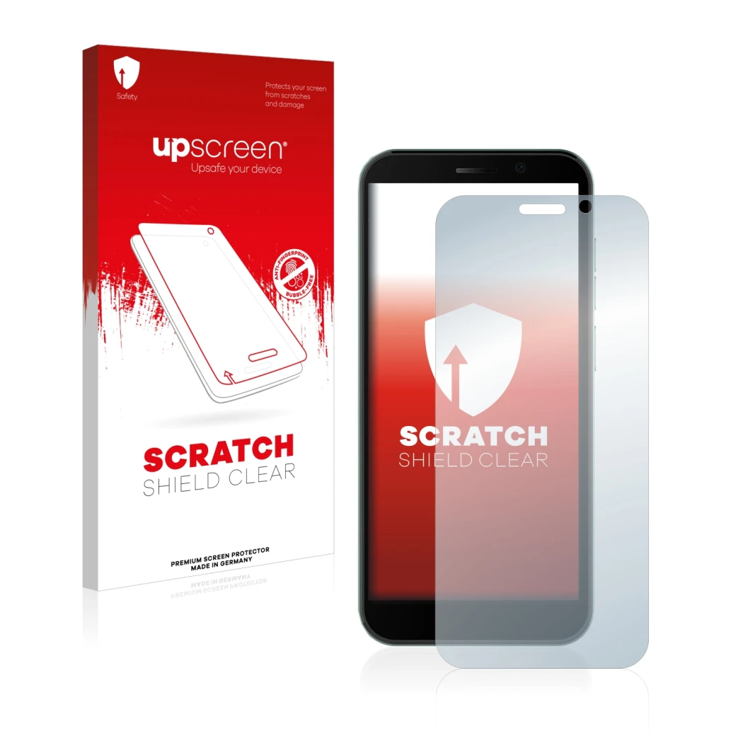Face avant d’un emballage produit avec le logo de la marque upscreen. À côté, l’appareil Doogee X97 Pro est représenté avec la