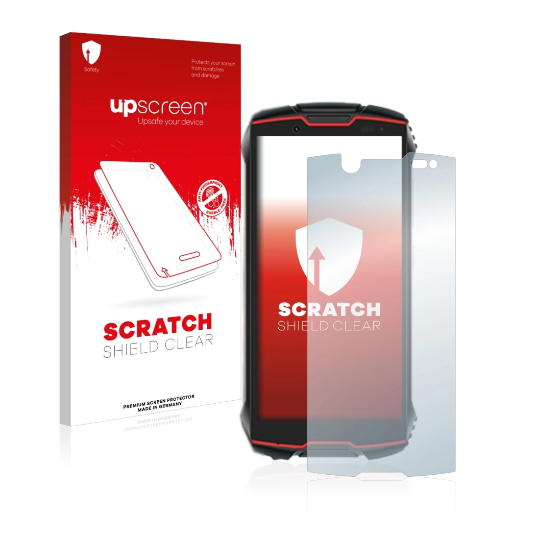 Face avant d’un emballage produit avec le logo de la marque upscreen. À côté, l’appareil Cubot King Kong Mini 2 Pro est représ