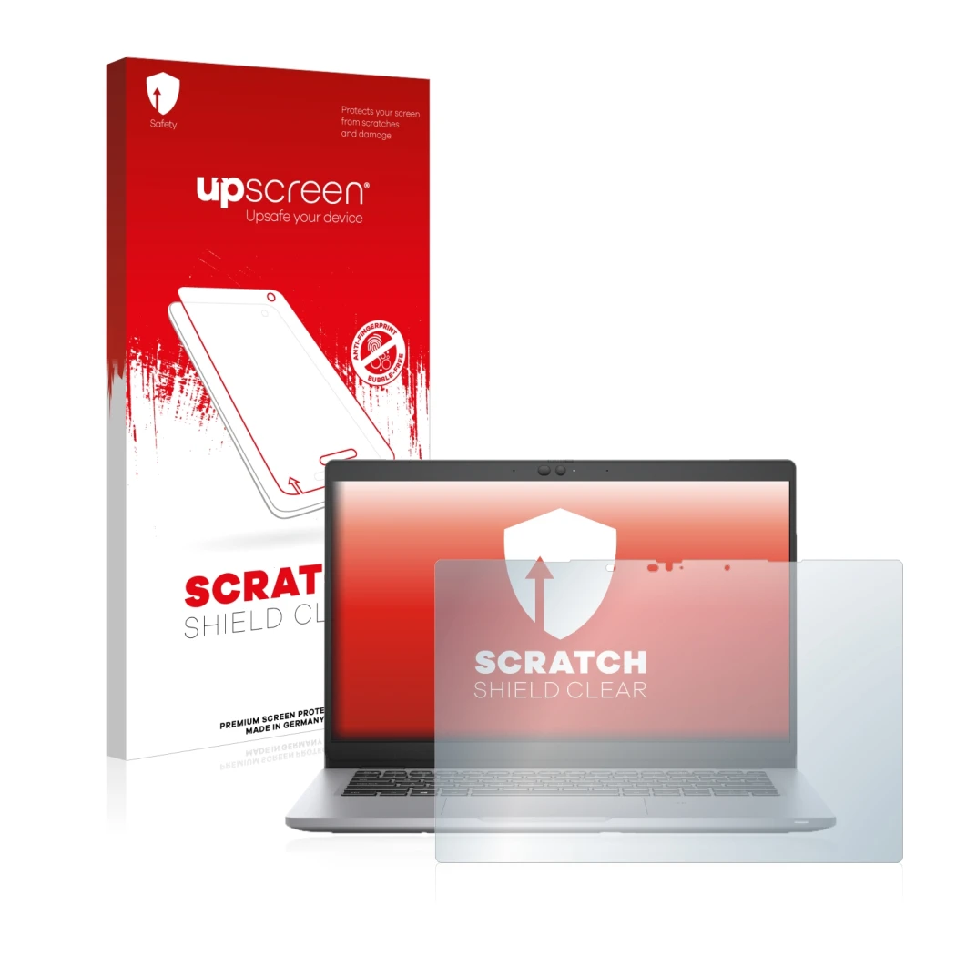 Face avant d’un emballage produit avec le logo de la marque upscreen. À côté, l’appareil Dell Latitude 5320 2-in-1 Touch est r