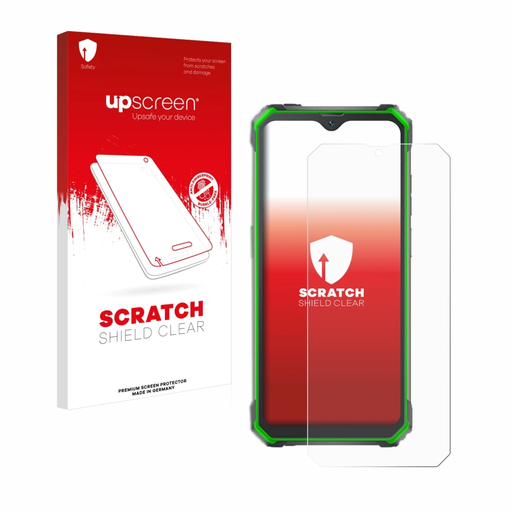 Face avant d’un emballage produit avec le logo de la marque upscreen. À côté, l’appareil Blackview BV7100 est représenté avec